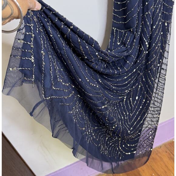 ADRIANNA PAPELL Navy Beaded Gown Embellished Slip Dress Fairy Whimsygoth Mesh 8 - Picture 7 of 8